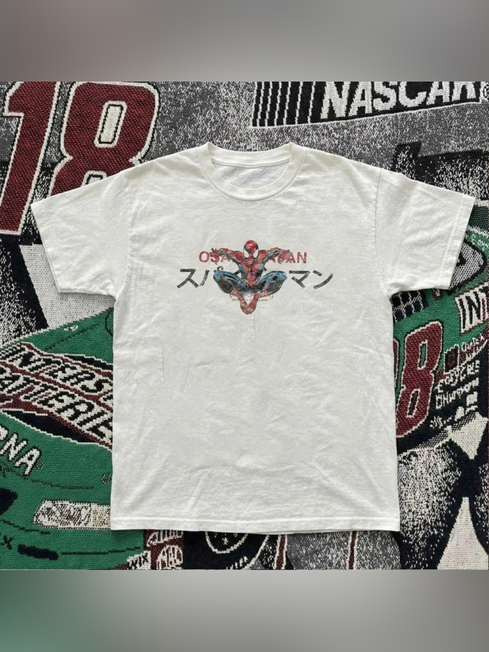 Gildan White Spider-Man Graphic Tee with Japanese Text